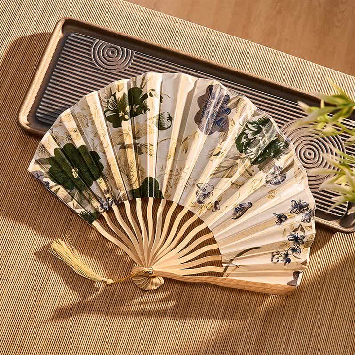 Buddha Stones Elegant Floral Ink Pattern Tassel Chinese Style Bamboo Folding Fan 21 cm - image 4