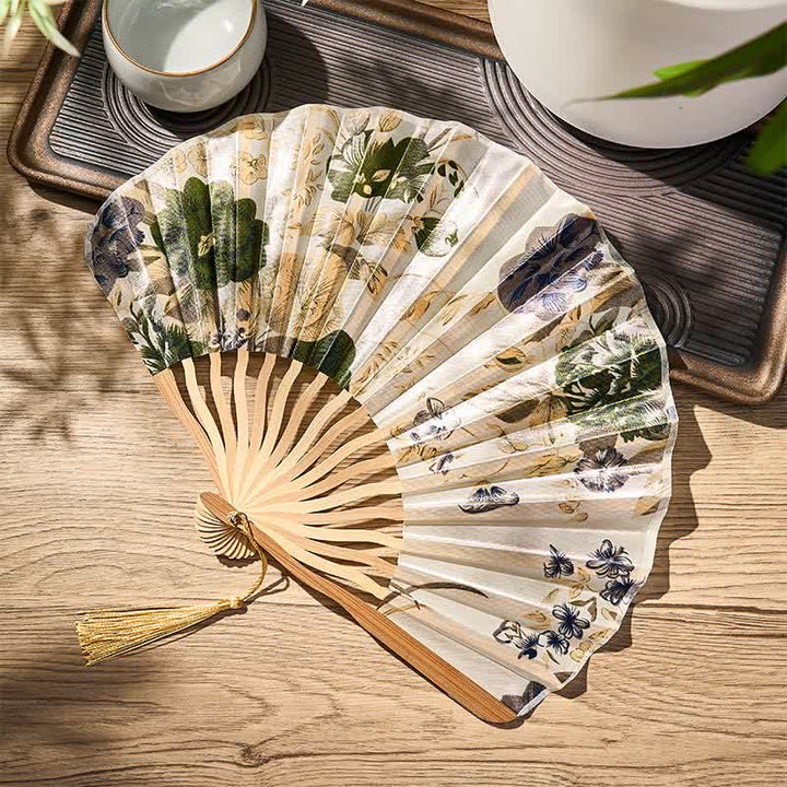 Buddha Stones Elegant Floral Ink Pattern Tassel Chinese Style Bamboo Folding Fan 21 cm - image 1
