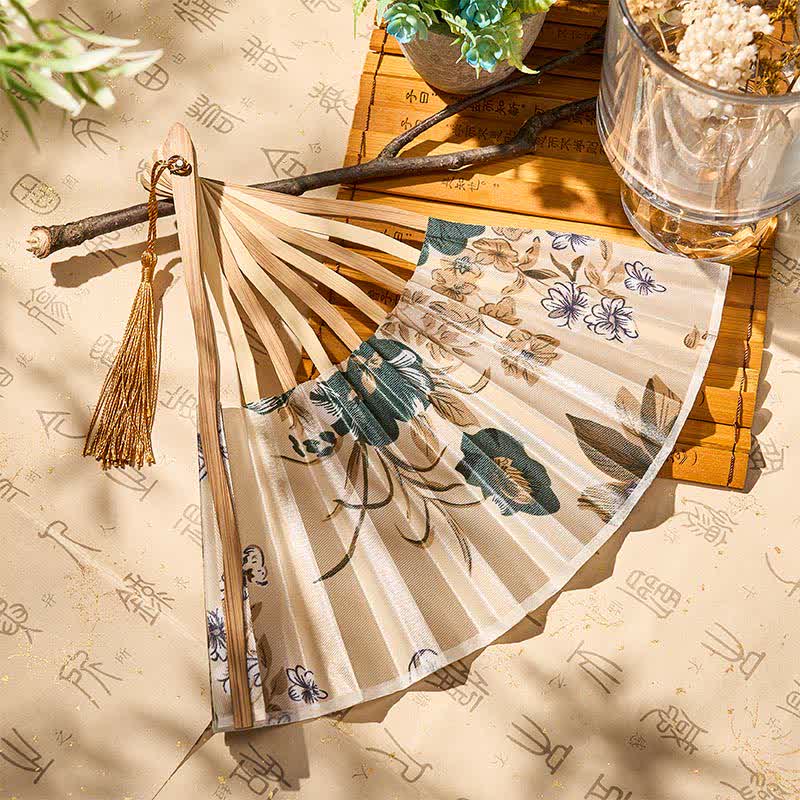 Buddha Stones Elegant Floral Ink Pattern Tassel Chinese Style Bamboo Folding Fan 21 cm - image 16