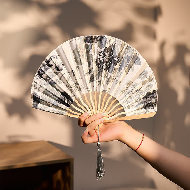 Buddha Stones Elegant Floral Ink Pattern Tassel Chinese Style Bamboo Folding Fan 21 cm - Gray Floral Fan(Closed Size: Approx. 21 cm / 8.3 in) - image 6