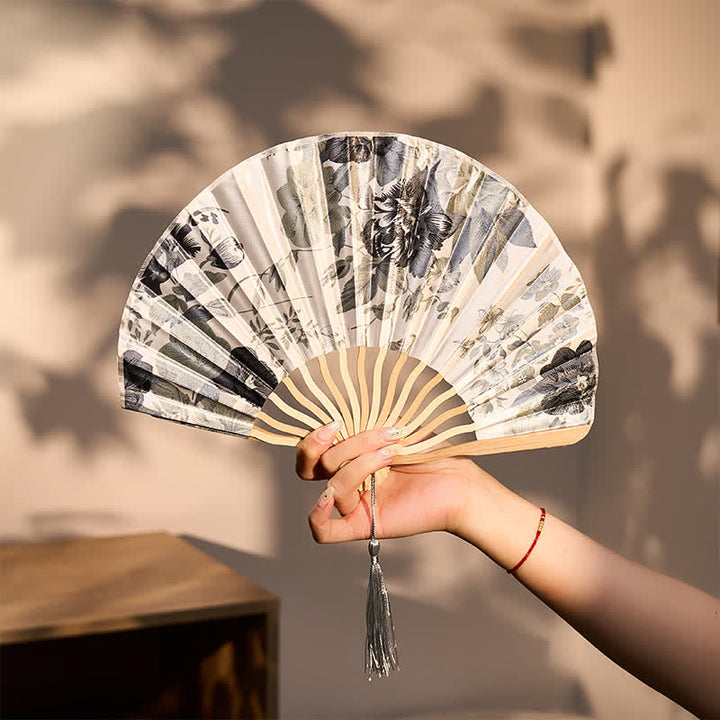 Buddha Stones Elegant Floral Ink Pattern Tassel Chinese Style Bamboo Folding Fan 21 cm - Gray Floral Fan(Closed Size: Approx. 21 cm / 8.3 in) - image 6