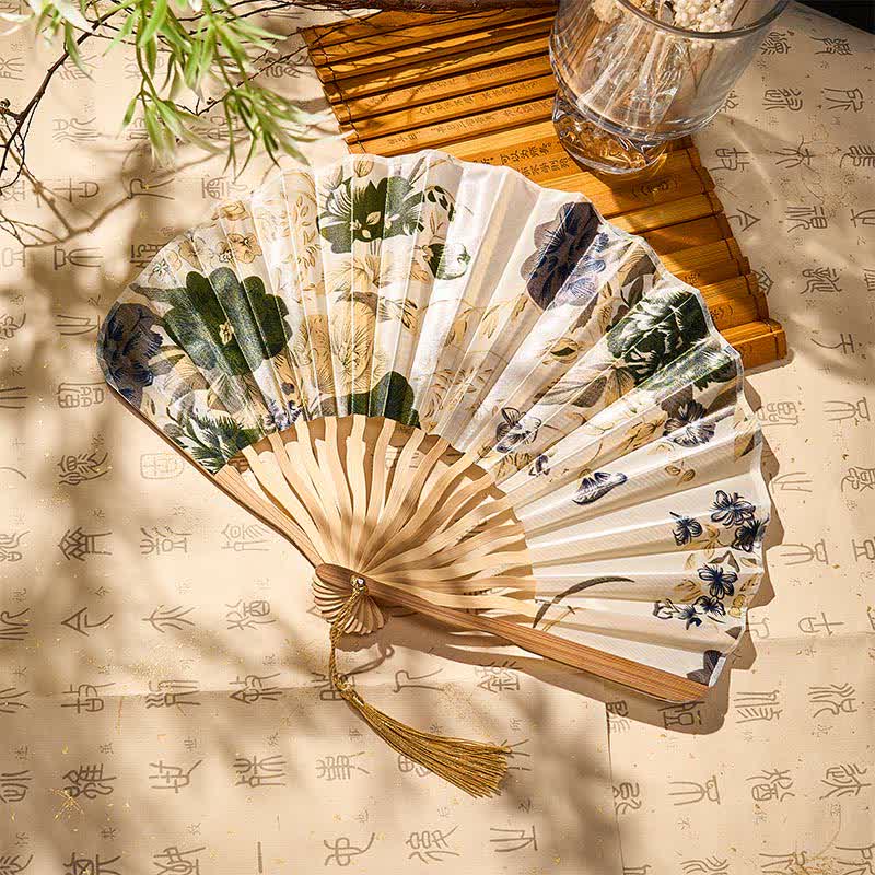 Buddha Stones Elegant Floral Ink Pattern Tassel Chinese Style Bamboo Folding Fan 21 cm - image 5