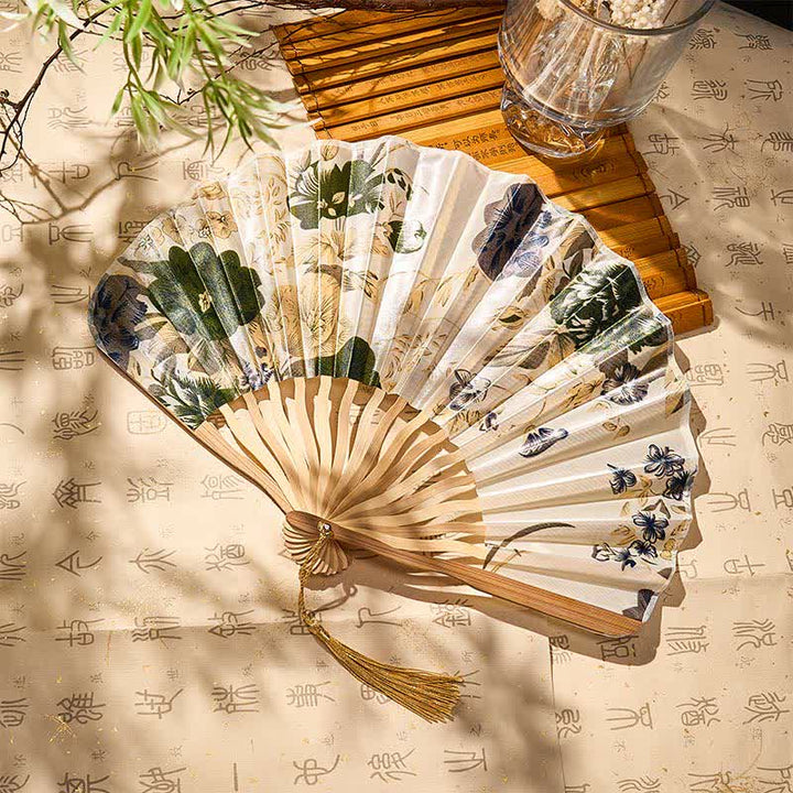 Buddha Stones Elegant Floral Ink Pattern Tassel Chinese Style Bamboo Folding Fan 21 cm - image 5
