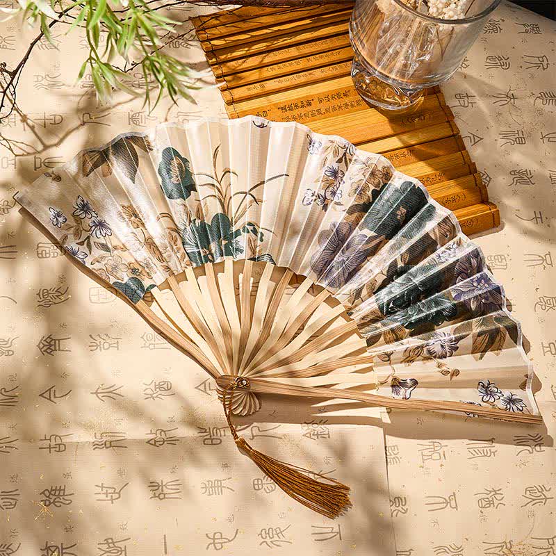 Buddha Stones Elegant Floral Ink Pattern Tassel Chinese Style Bamboo Folding Fan 21 cm - image 18