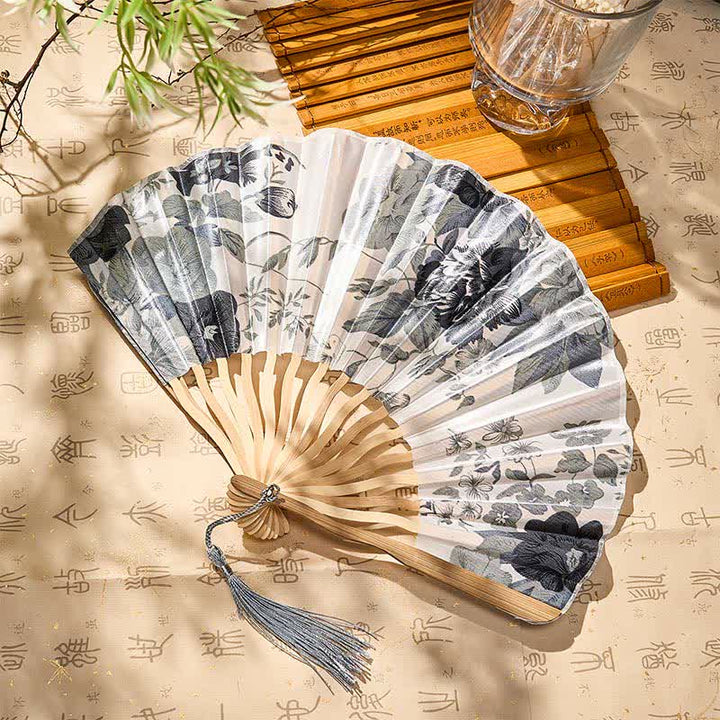 Buddha Stones Elegant Floral Ink Pattern Tassel Chinese Style Bamboo Folding Fan 21 cm - image 7