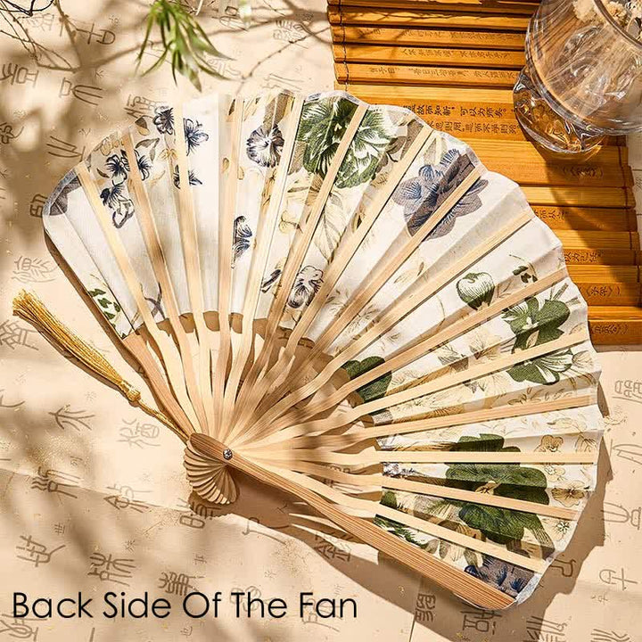 Buddha Stones Elegant Floral Ink Pattern Tassel Chinese Style Bamboo Folding Fan 21 cm - image 2
