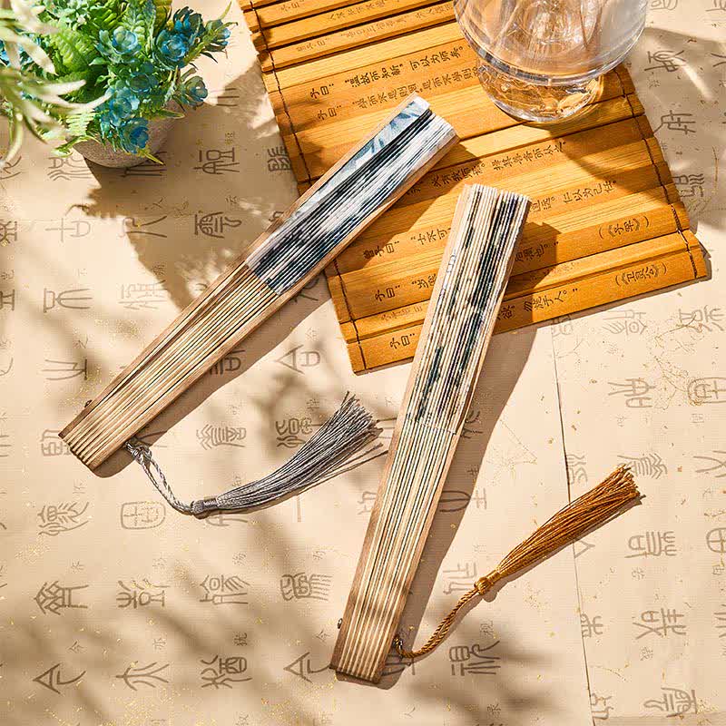 Buddha Stones Elegant Floral Ink Pattern Tassel Chinese Style Bamboo Folding Fan 21 cm - image 25