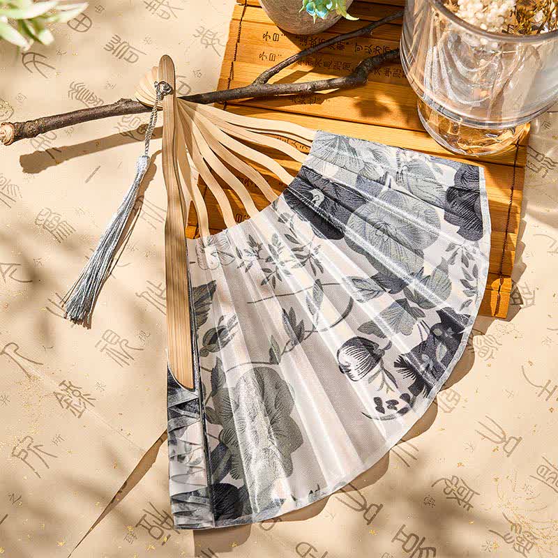 Buddha Stones Elegant Floral Ink Pattern Tassel Chinese Style Bamboo Folding Fan 21 cm - image 10