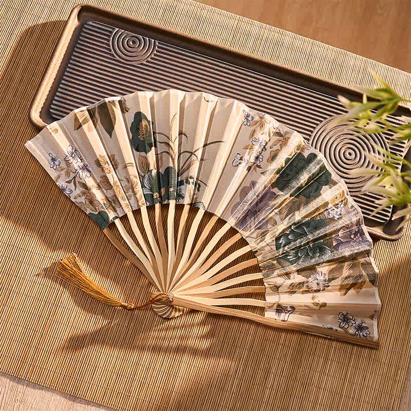 Buddha Stones Elegant Floral Ink Pattern Tassel Chinese Style Bamboo Folding Fan 21 cm - image 17