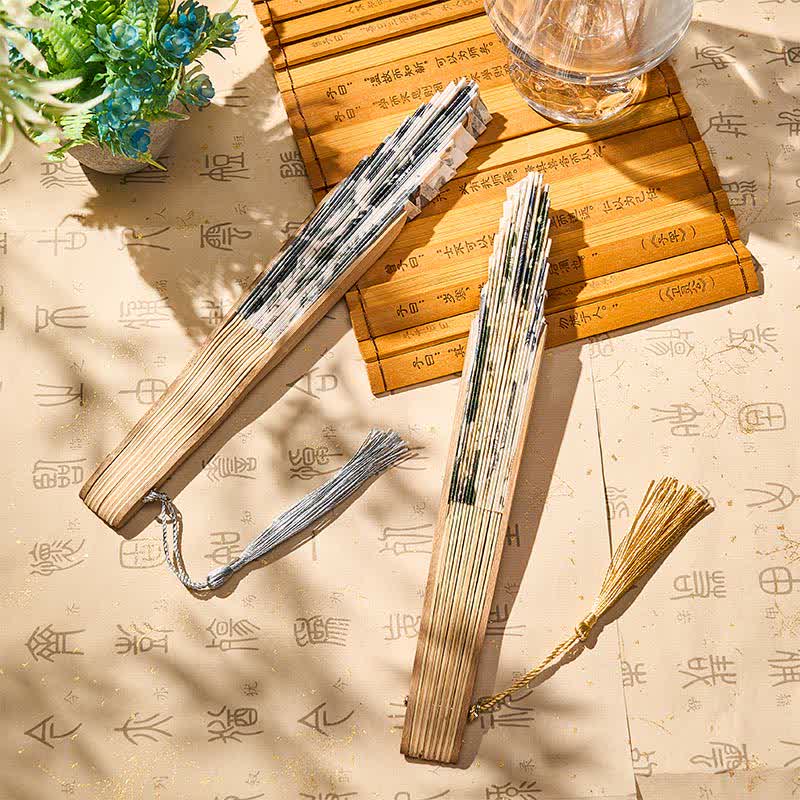 Buddha Stones Elegant Floral Ink Pattern Tassel Chinese Style Bamboo Folding Fan 21 cm - image 12