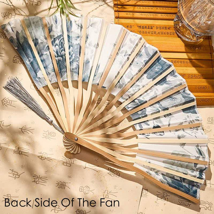 Buddha Stones Elegant Floral Ink Pattern Tassel Chinese Style Bamboo Folding Fan 21 cm - image 21