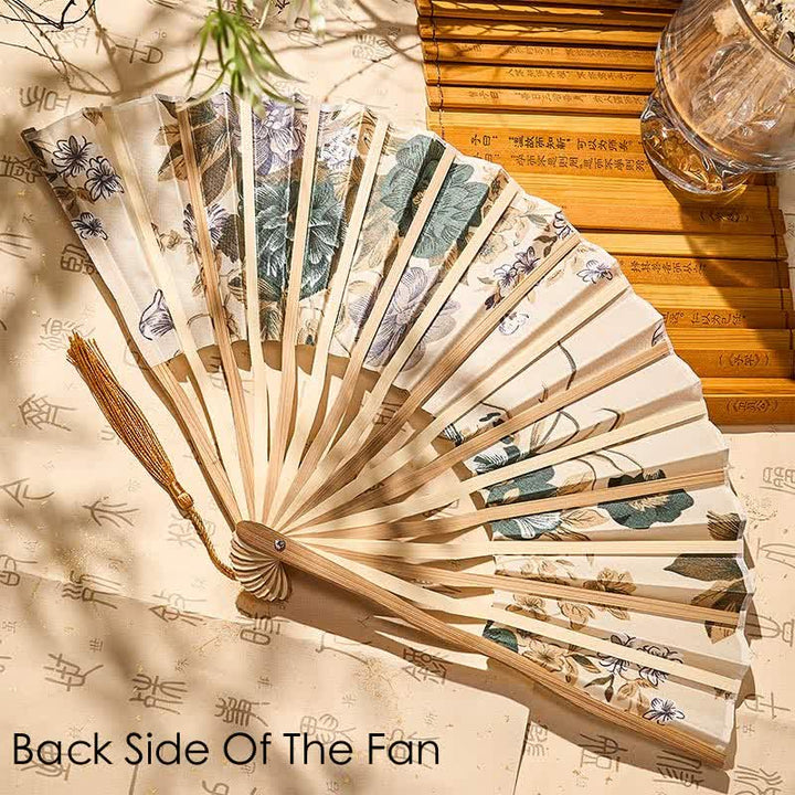 Buddha Stones Elegant Floral Ink Pattern Tassel Chinese Style Bamboo Folding Fan 21 cm - image 15