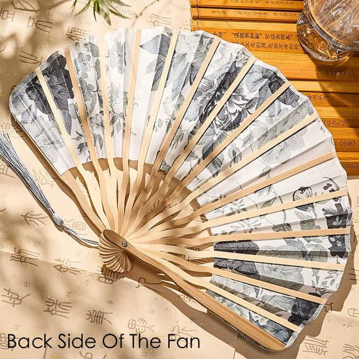 Buddha Stones Elegant Floral Ink Pattern Tassel Chinese Style Bamboo Folding Fan 21 cm - image 8