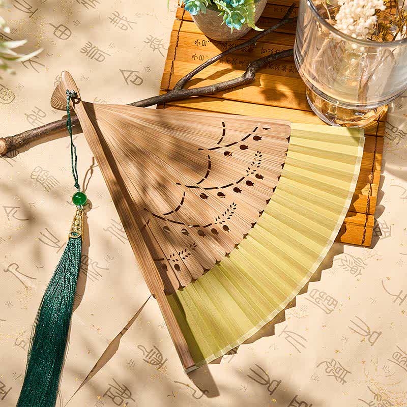 Buddha Stones Vintage Small Koi Fish Aquatic Plants Pattern Success Bamboo Cotton Linen Folding Fan - image 4