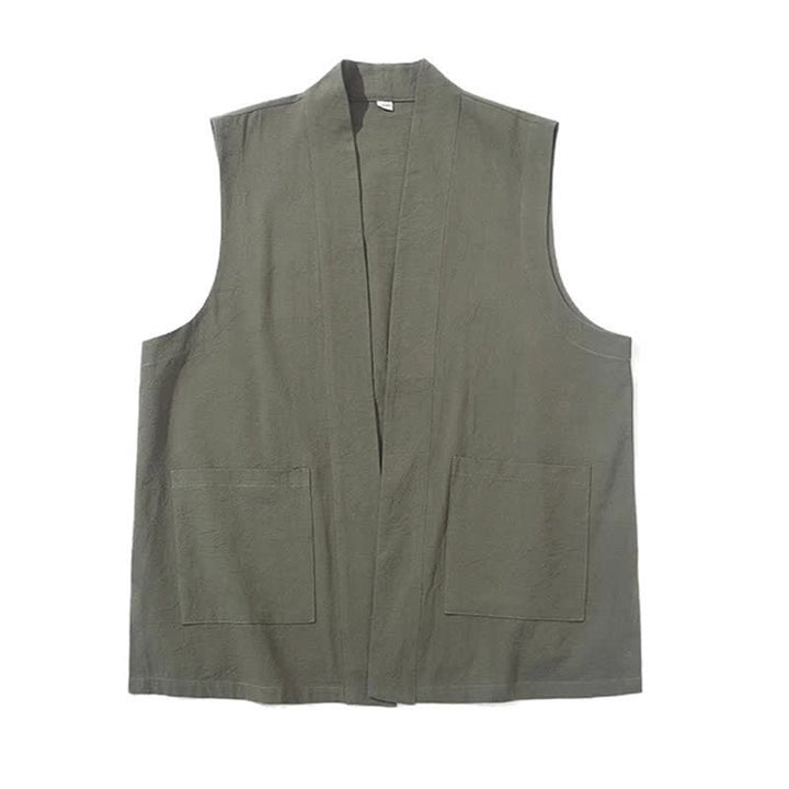 Buddha Stones Spring Summer Fall Tang Style Casual Patch Pocket Solid Cotton Men's Vests With Pocket - image 23