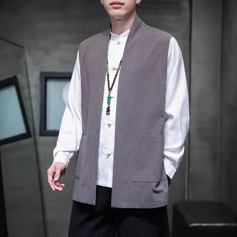 Buddha Stones Spring Summer Fall Tang Style Casual Patch Pocket Solid Cotton Men's Vests With Pocket - image 8