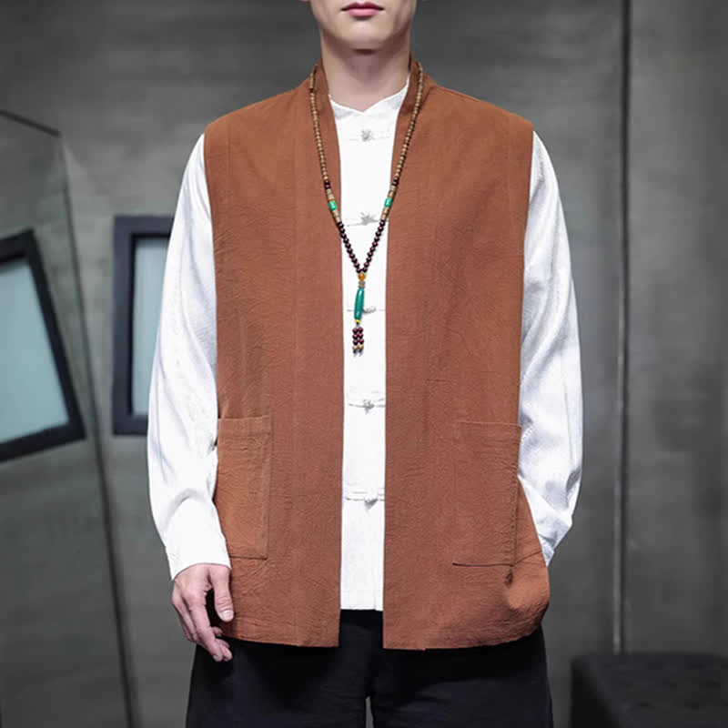 Buddha Stones Spring Summer Fall Tang Style Casual Patch Pocket Solid Cotton Men's Vests With Pocket - Peru - US/UK/AU46，EU56 (5XL) - image 0