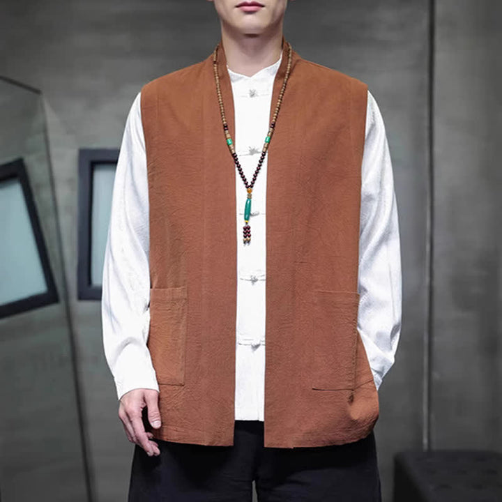 Buddha Stones Spring Summer Fall Tang Style Casual Patch Pocket Solid Cotton Men's Vests With Pocket - Peru - US/UK/AU46，EU56 (5XL) - image 0