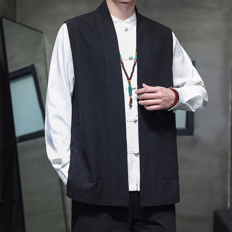 Buddha Stones Spring Summer Fall Tang Style Casual Patch Pocket Solid Cotton Men's Vests With Pocket - image 21