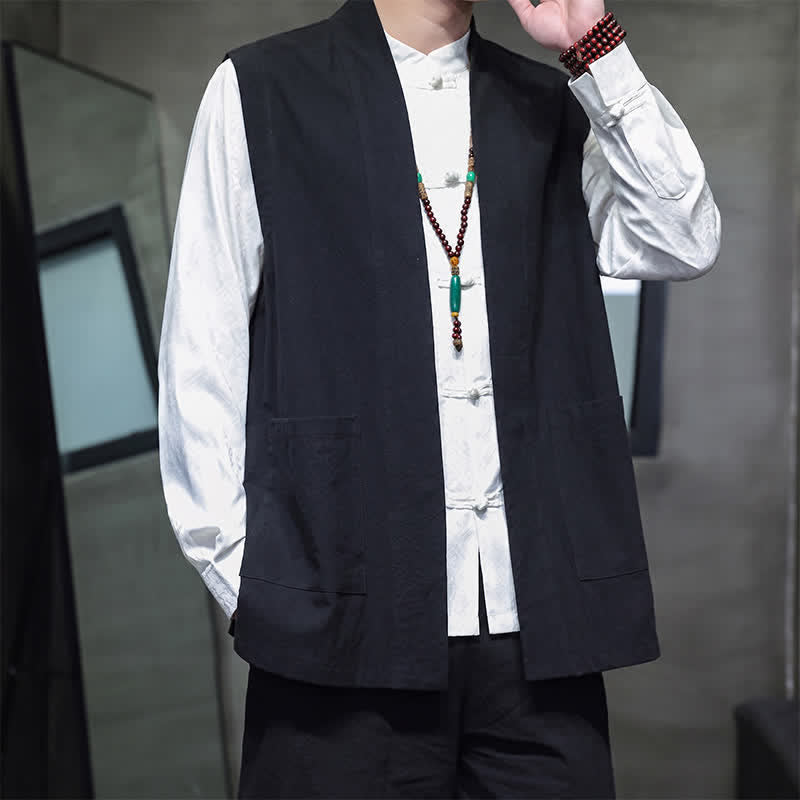 Buddha Stones Spring Summer Fall Tang Style Casual Patch Pocket Solid Cotton Men's Vests With Pocket - image 22
