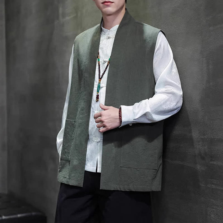 Buddha Stones Spring Summer Fall Tang Style Casual Patch Pocket Solid Cotton Men's Vests With Pocket - DarkOliveGreen - US/UK/AU46，EU56 (5XL) - image 24
