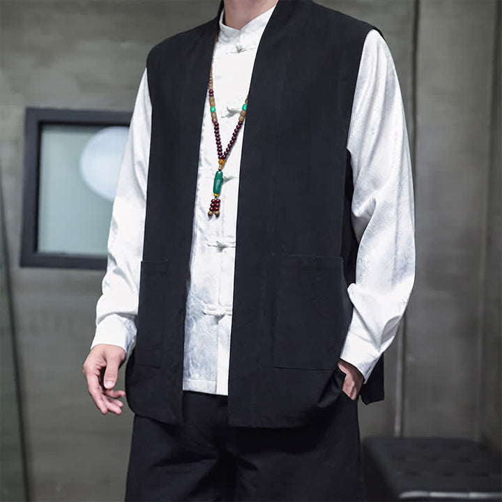 Buddha Stones Spring Summer Fall Tang Style Casual Patch Pocket Solid Cotton Men's Vests With Pocket - image 17