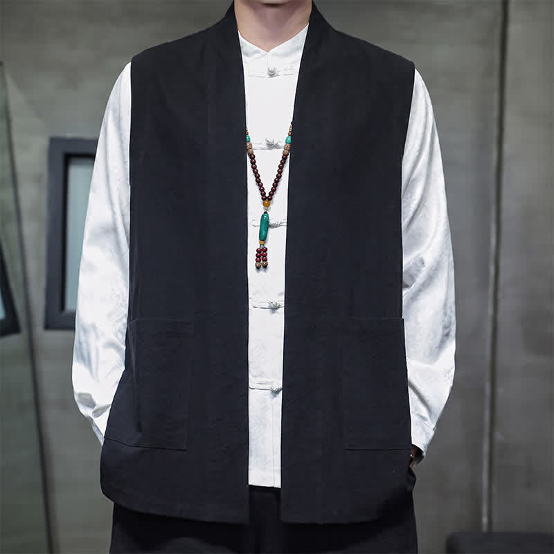 Buddha Stones Spring Summer Fall Tang Style Casual Patch Pocket Solid Cotton Men's Vests With Pocket - Black - US/UK/AU46，EU56 (5XL) - image 14