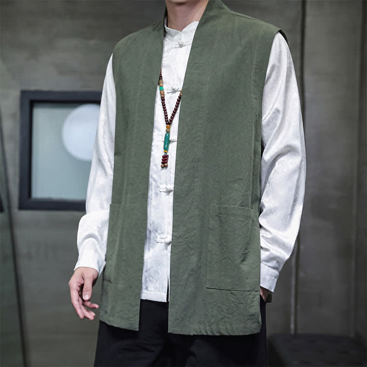 Buddha Stones Spring Summer Fall Tang Style Casual Patch Pocket Solid Cotton Men's Vests With Pocket - image 25