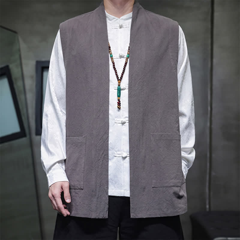 Buddha Stones Spring Summer Fall Tang Style Casual Patch Pocket Solid Cotton Men's Vests With Pocket - Gray - US/UK/AU46，EU56 (5XL) - image 6