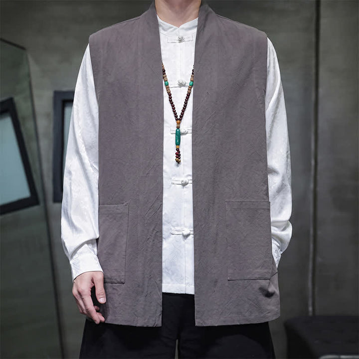 Buddha Stones Spring Summer Fall Tang Style Casual Patch Pocket Solid Cotton Men's Vests With Pocket - Gray - US/UK/AU46，EU56 (5XL) - image 6