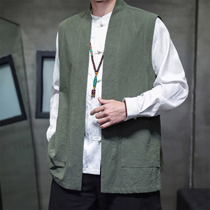 Buddha Stones Spring Summer Fall Tang Style Casual Patch Pocket Solid Cotton Men's Vests With Pocket - image 28
