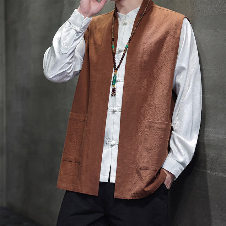 Buddha Stones Spring Summer Fall Tang Style Casual Patch Pocket Solid Cotton Men's Vests With Pocket - image 3