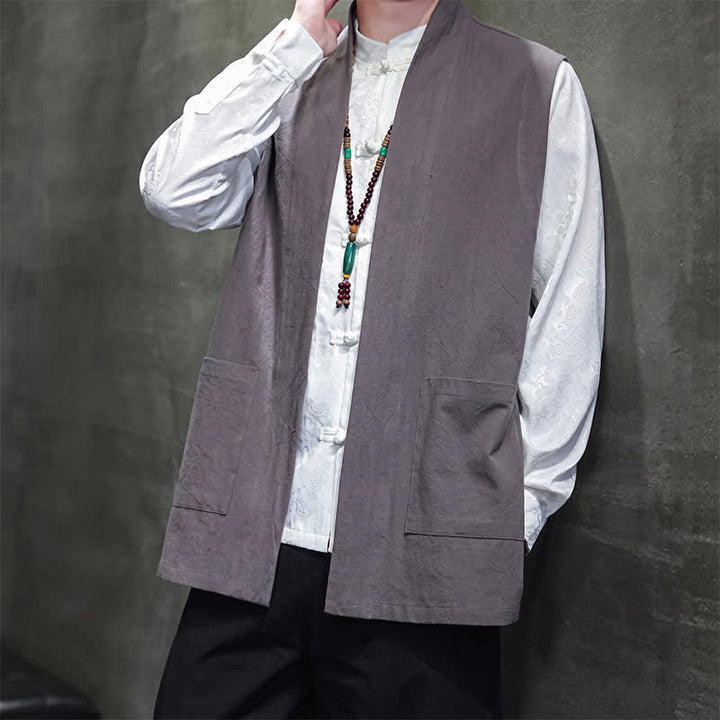 Buddha Stones Spring Summer Fall Tang Style Casual Patch Pocket Solid Cotton Men's Vests With Pocket - image 10