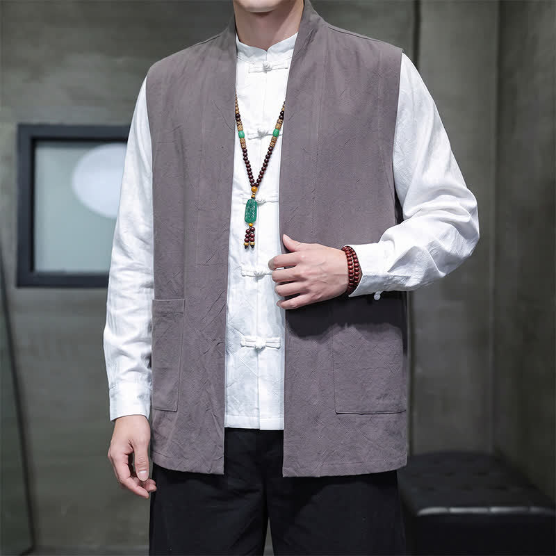 Buddha Stones Spring Summer Fall Tang Style Casual Patch Pocket Solid Cotton Men's Vests With Pocket - image 9