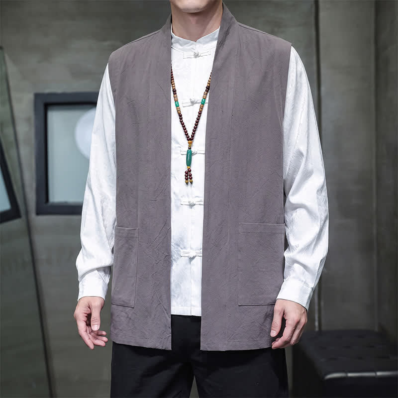 Buddha Stones Spring Summer Fall Tang Style Casual Patch Pocket Solid Cotton Men's Vests With Pocket - image 7