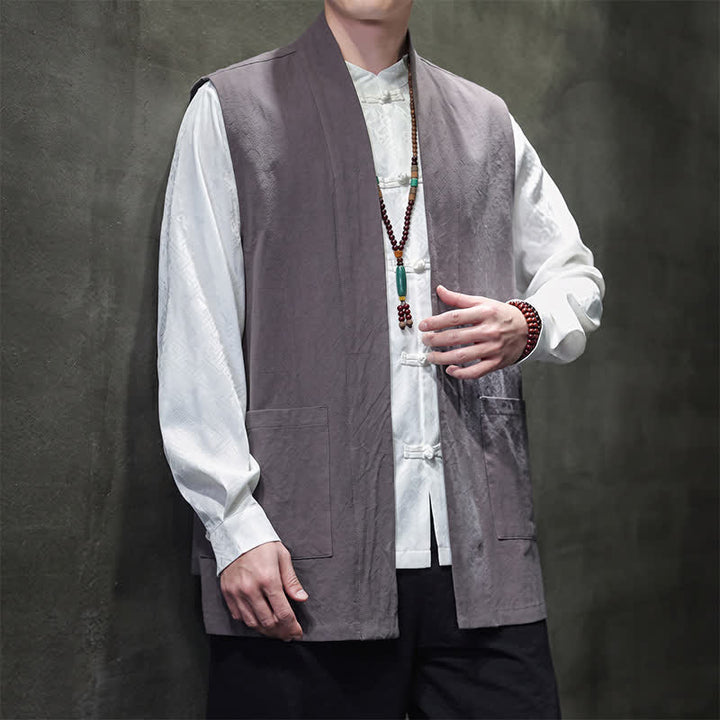 Buddha Stones Spring Summer Fall Tang Style Casual Patch Pocket Solid Cotton Men's Vests With Pocket - image 13