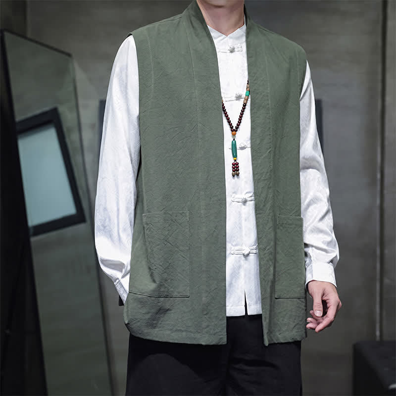 Buddha Stones Spring Summer Fall Tang Style Casual Patch Pocket Solid Cotton Men's Vests With Pocket - image 29