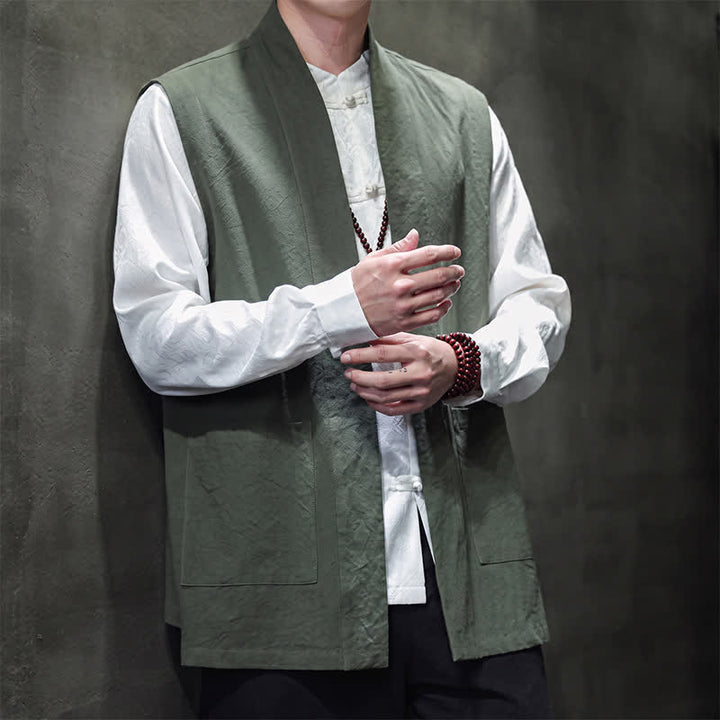Buddha Stones Spring Summer Fall Tang Style Casual Patch Pocket Solid Cotton Men's Vests With Pocket - image 31