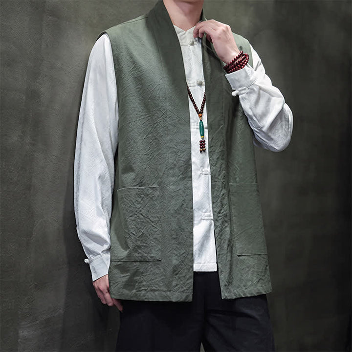 Buddha Stones Spring Summer Fall Tang Style Casual Patch Pocket Solid Cotton Men's Vests With Pocket - image 30