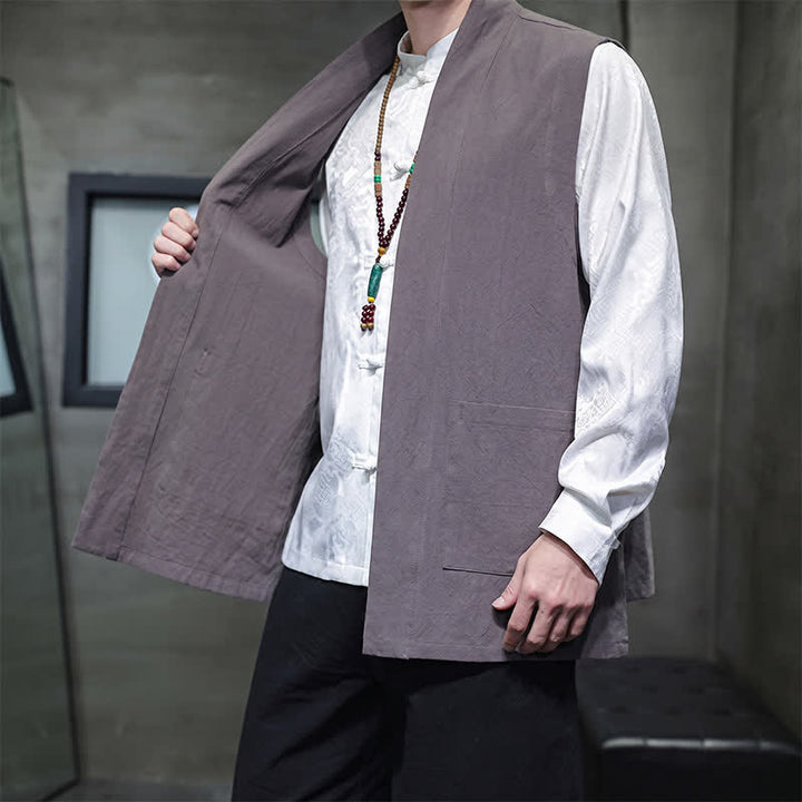 Buddha Stones Spring Summer Fall Tang Style Casual Patch Pocket Solid Cotton Men's Vests With Pocket - image 12