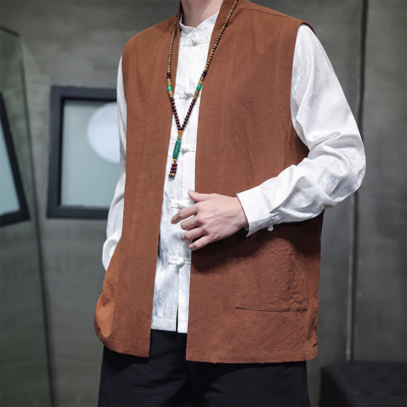 Buddha Stones Spring Summer Fall Tang Style Casual Patch Pocket Solid Cotton Men's Vests With Pocket - image 4
