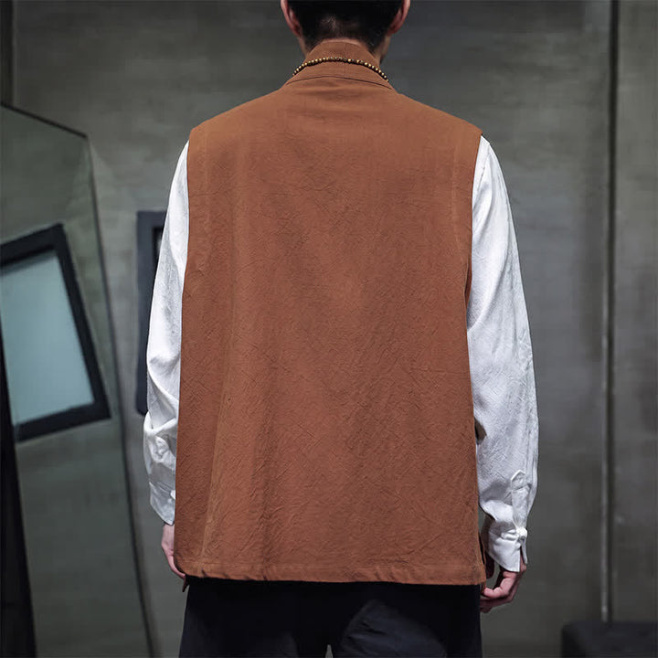 Buddha Stones Spring Summer Fall Tang Style Casual Patch Pocket Solid Cotton Men's Vests With Pocket - image 5
