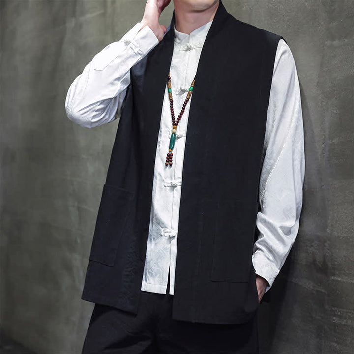Buddha Stones Spring Summer Fall Tang Style Casual Patch Pocket Solid Cotton Men's Vests With Pocket - image 19