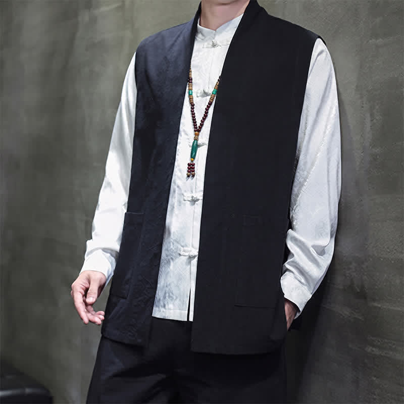 Buddha Stones Spring Summer Fall Tang Style Casual Patch Pocket Solid Cotton Men's Vests With Pocket - image 16