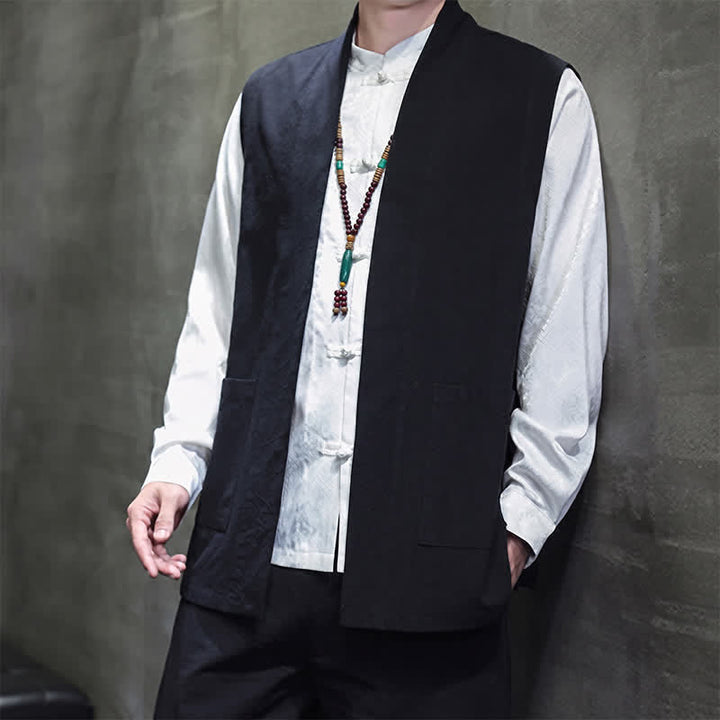 Buddha Stones Spring Summer Fall Tang Style Casual Patch Pocket Solid Cotton Men's Vests With Pocket - image 16
