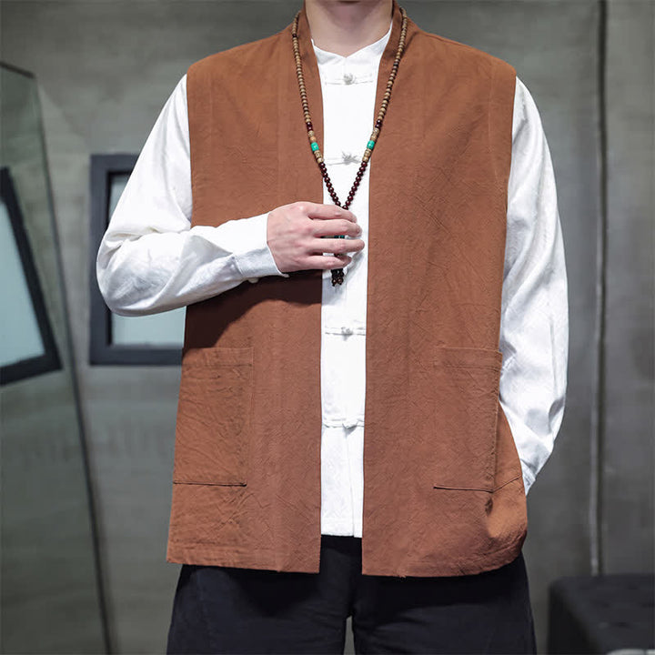 Buddha Stones Spring Summer Fall Tang Style Casual Patch Pocket Solid Cotton Men's Vests With Pocket - image 1