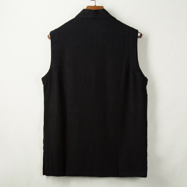 Buddha Stones Spring Summer Fall Tang Style Minimalist Frog Button Solid Cotton Linen Men's Vests With Pocket - image 3