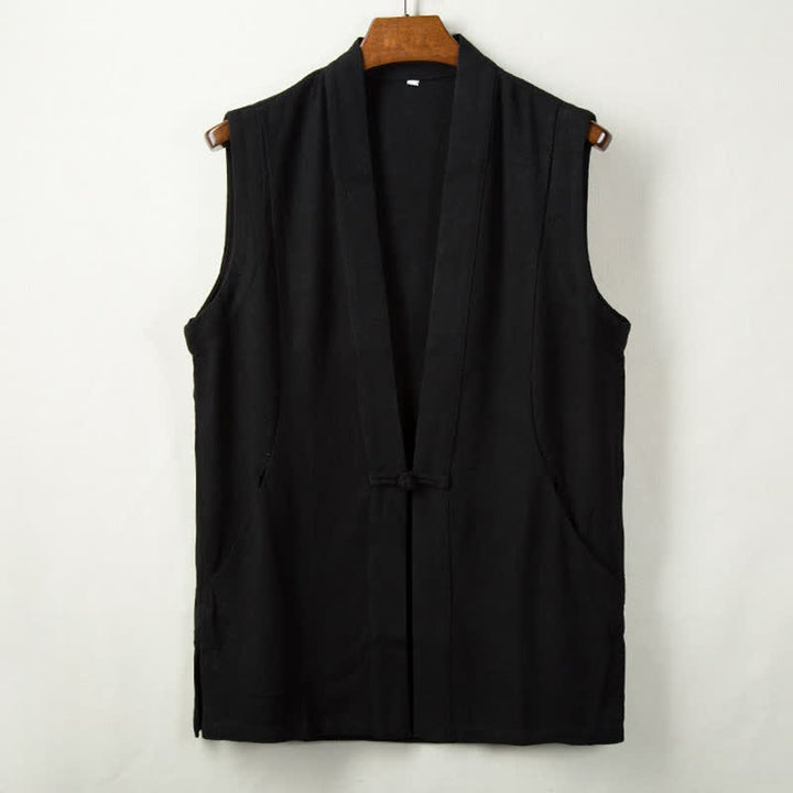 Buddha Stones Spring Summer Fall Tang Style Minimalist Frog Button Solid Cotton Linen Men's Vests With Pocket - Black - US/UK/AU44，EU54 (4XL) - image 2