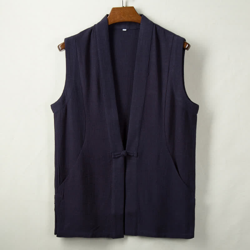 Buddha Stones Spring Summer Fall Tang Style Minimalist Frog Button Solid Cotton Linen Men's Vests With Pocket - MidnightBlue - US/UK/AU44，EU54 (4XL) - image 4