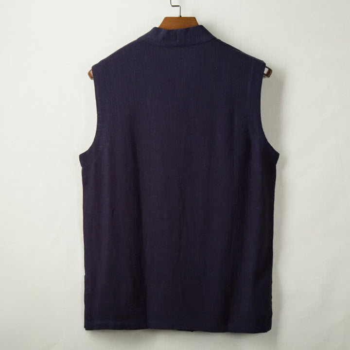 Buddha Stones Spring Summer Fall Tang Style Minimalist Frog Button Solid Cotton Linen Men's Vests With Pocket - image 5